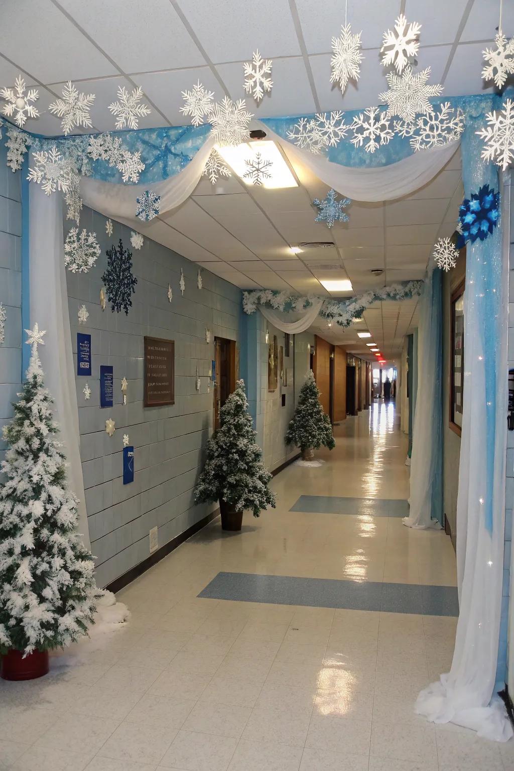 Invite the enchantment of winter inside with a hallway adorned with snowflakes.