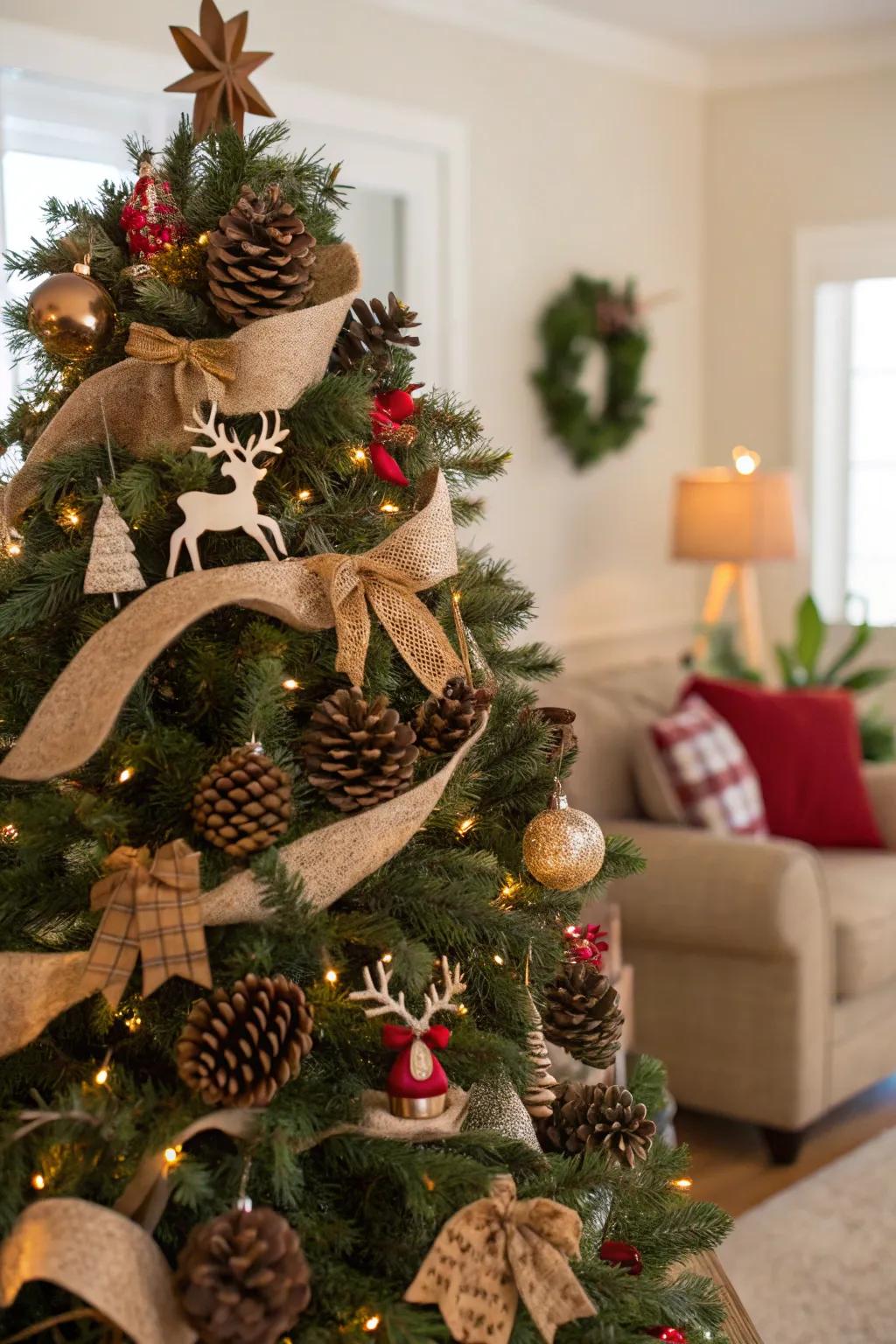 A forest-themed Christmas tree exuding rustic allure.
