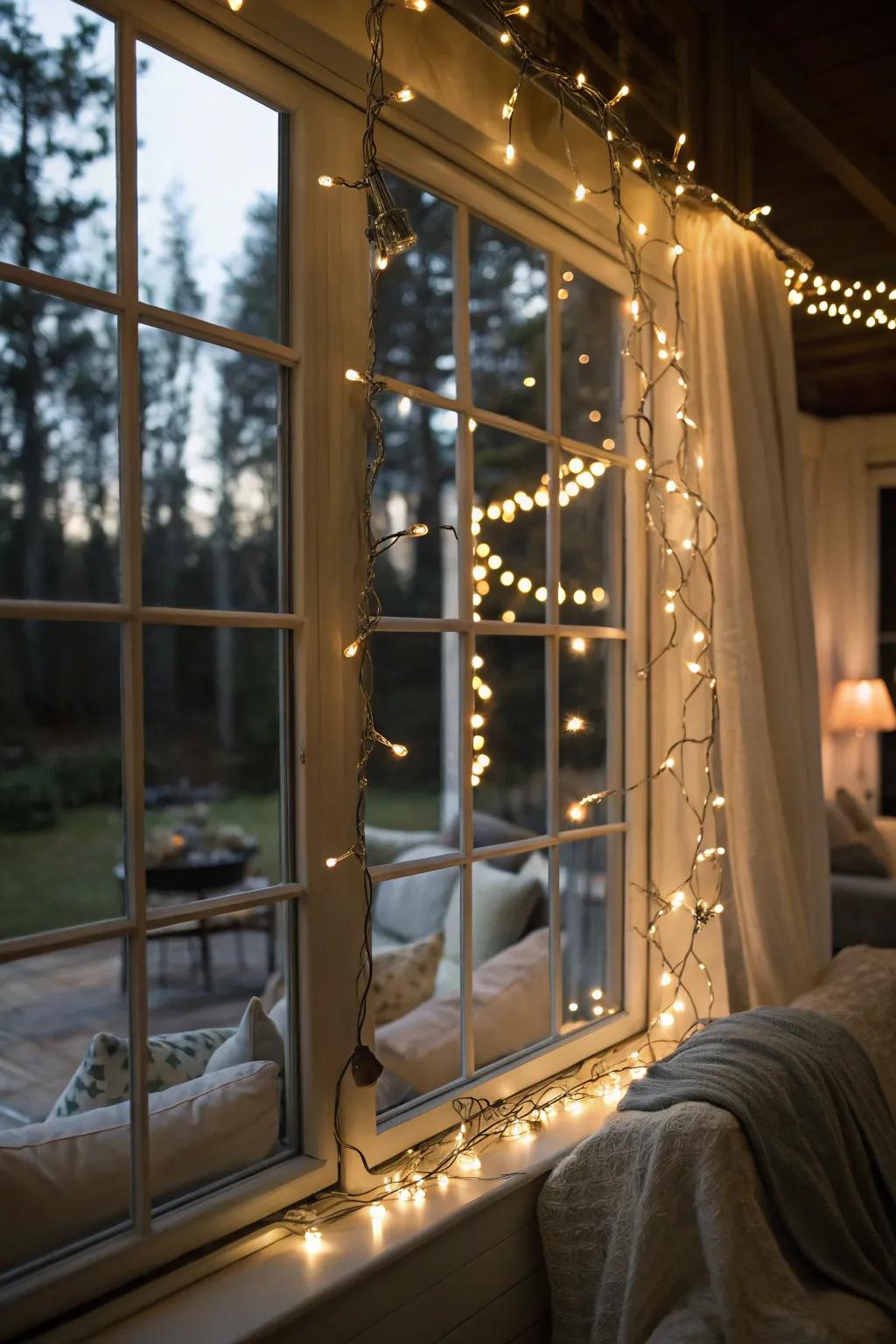 Classic filament lights outlining a window, radiating a timeless holiday charm.