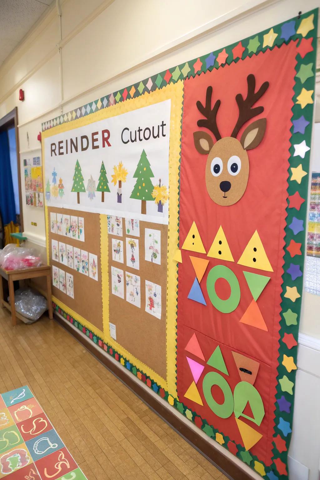 Reindeer crafted from geometric shapes add cheer to the classroom.