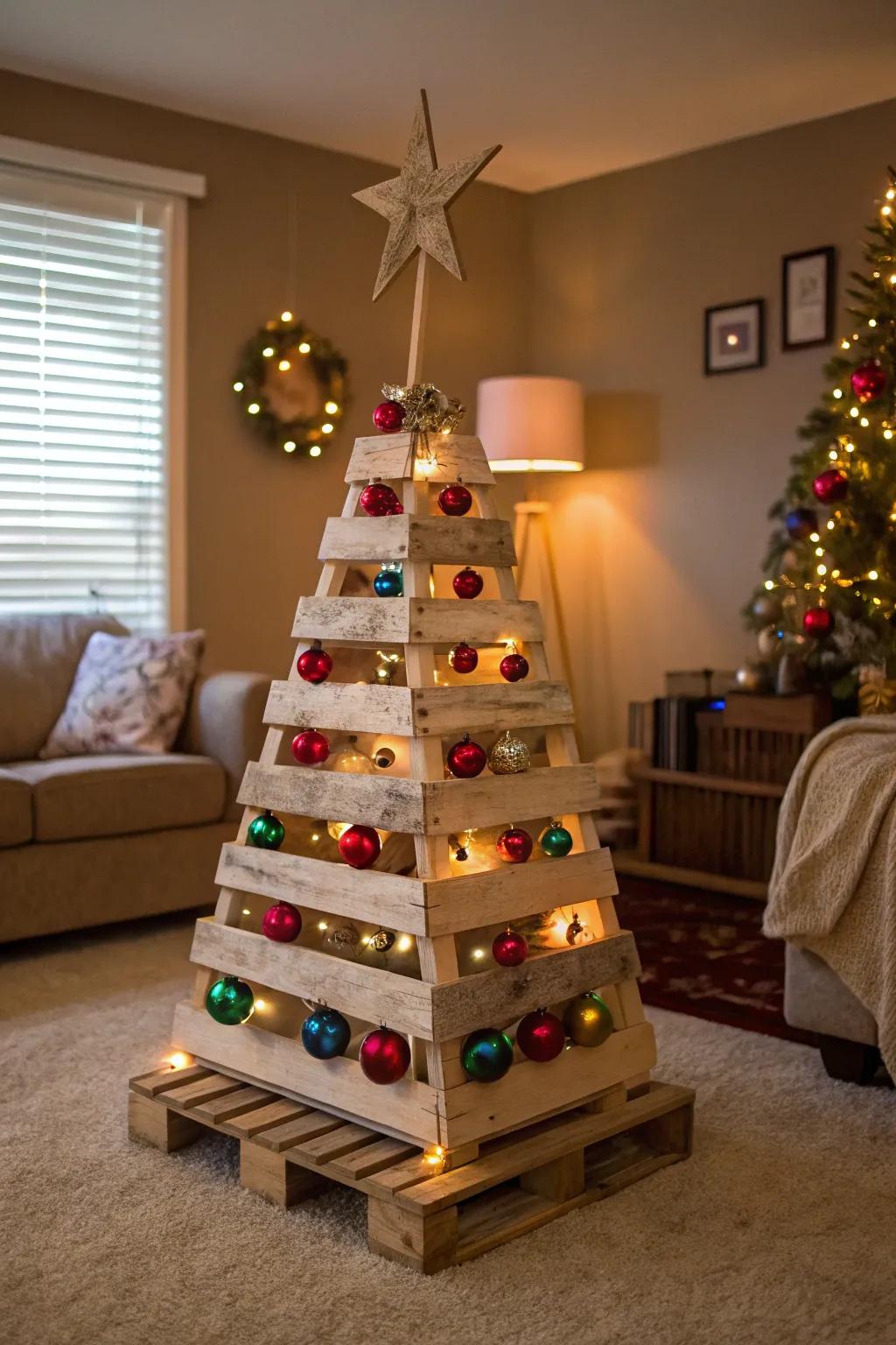 Fashion a rustic centerpiece with a pallet Christmas tree.
