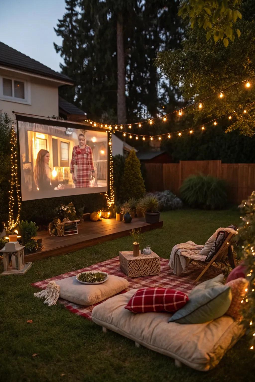 A captivating outdoor Christmas movie night arranged with comfortable, cozy elements.