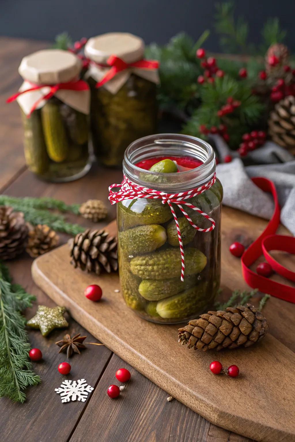 Homemade gherkin jars create a delightful festive present.