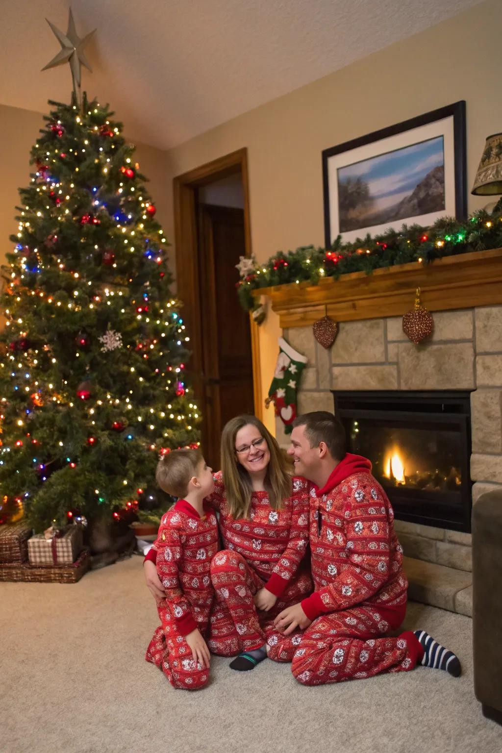 A family enjoying a festive sleepwear celebration by the Christmas tree.