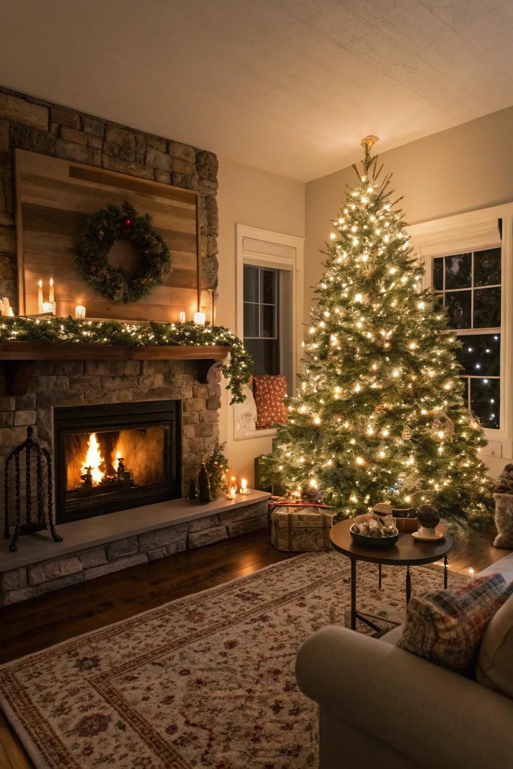 A cozy living room scene with a Christmas tree and glowing fireplace, perfect for festive photos.