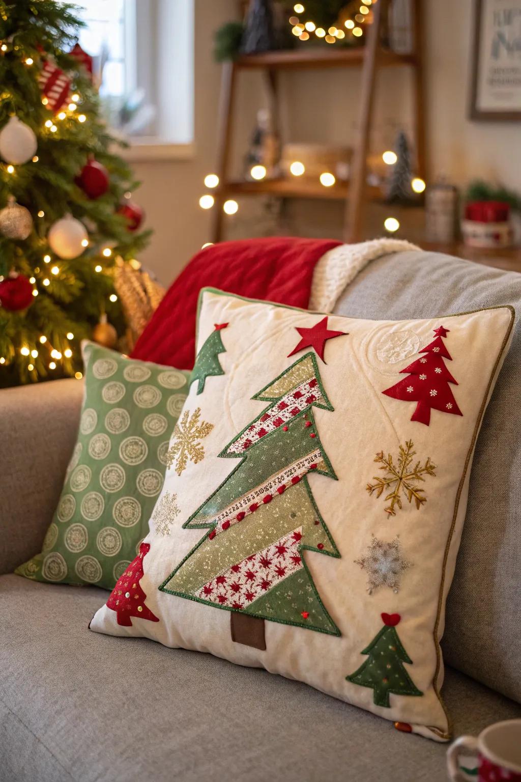A handcrafted Christmas Tree Cushion, enhancing the charm of the seasonal setting.