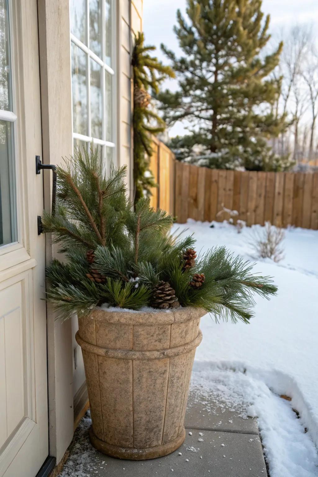 A classic evergreen planter greets guests with festive charm.