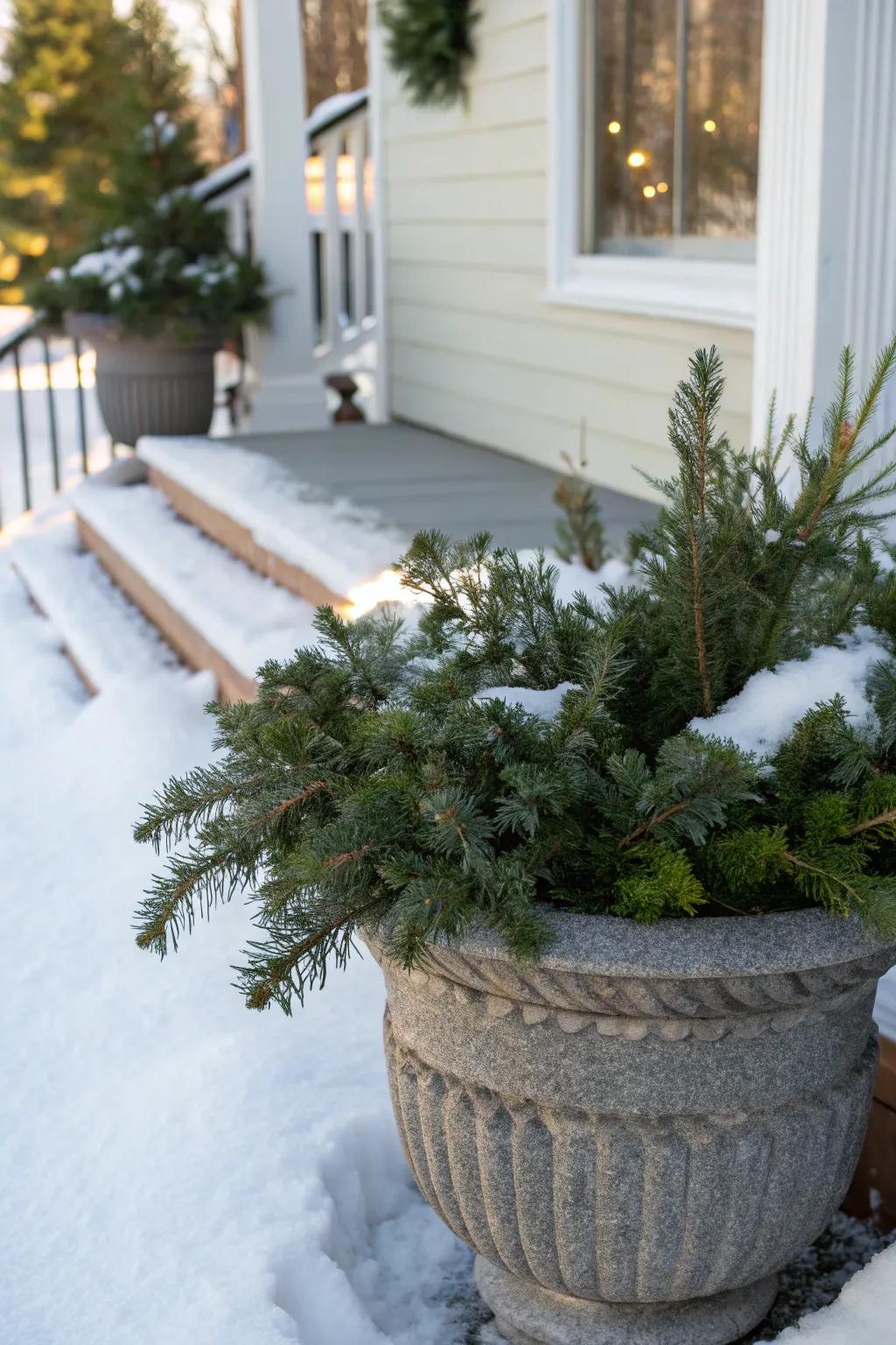 Evergreens craft a classic groundwork ideal for every Christmas container arrangement.