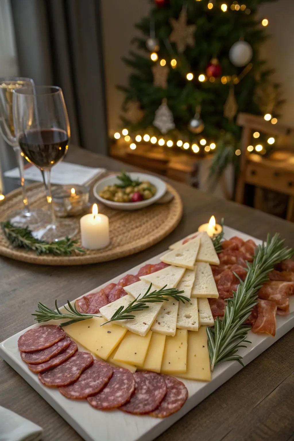 A Christmas tree charcuterie platter adorned with various cheeses and meats.
