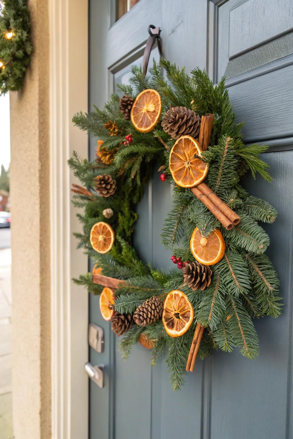 A one-of-a-kind holiday wreath showcasing dried citrus and spice sticks.