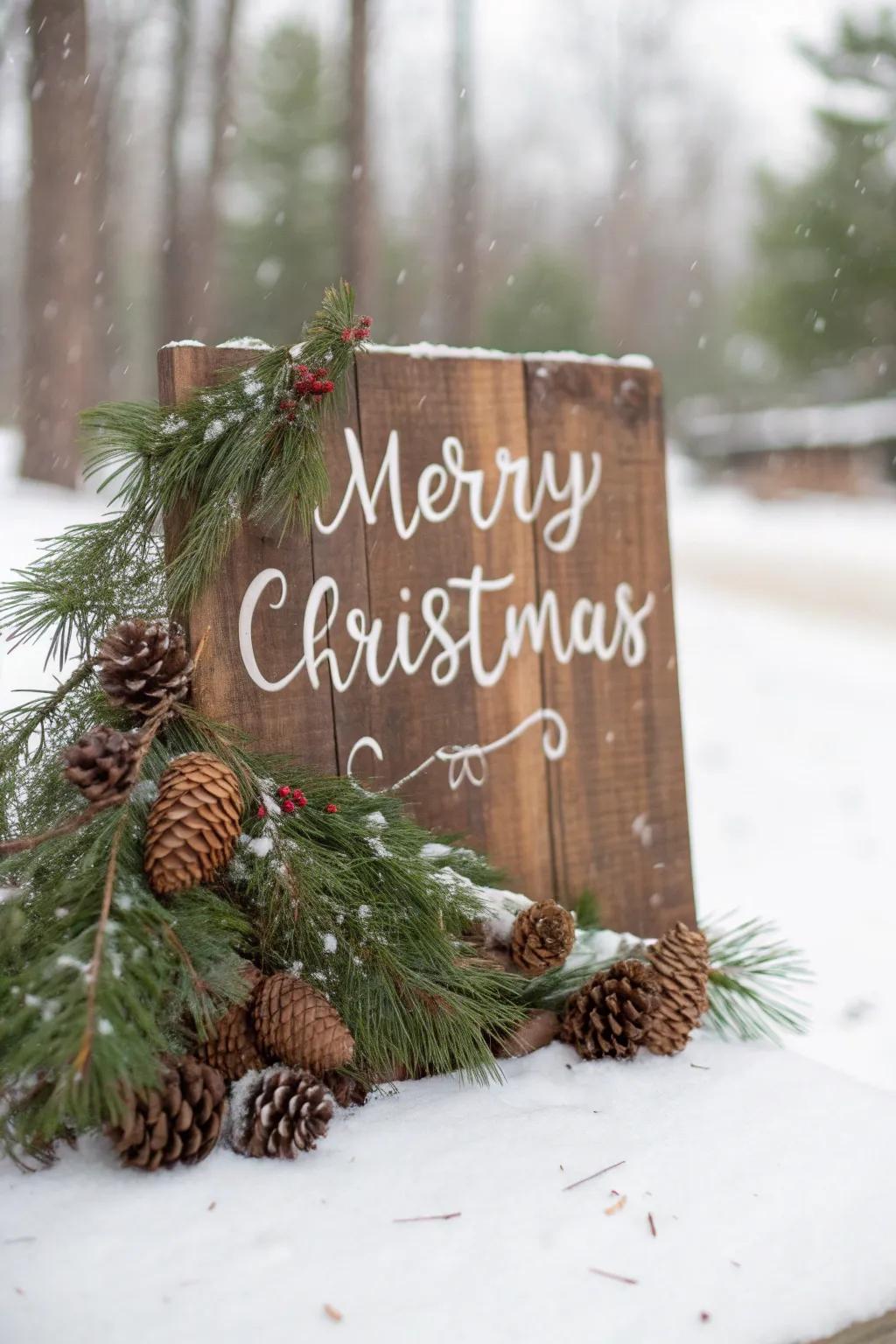 Introduce earthy appeal with a timber 'Joyful Yuletide' notice.
