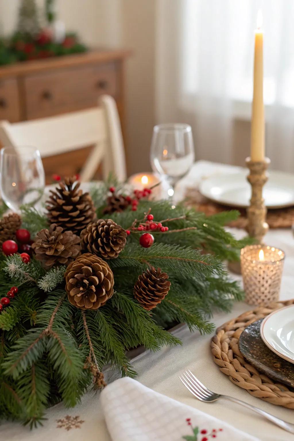 Evergreen branches and pinecones form a classic and invigorating table decoration.