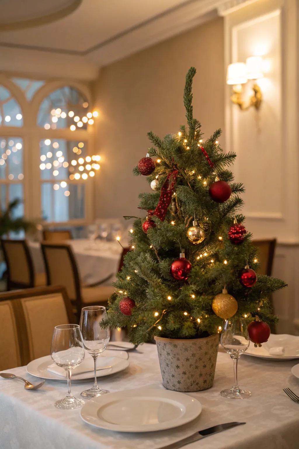 A petite Christmas tree introduces a joyful element to your holiday table.