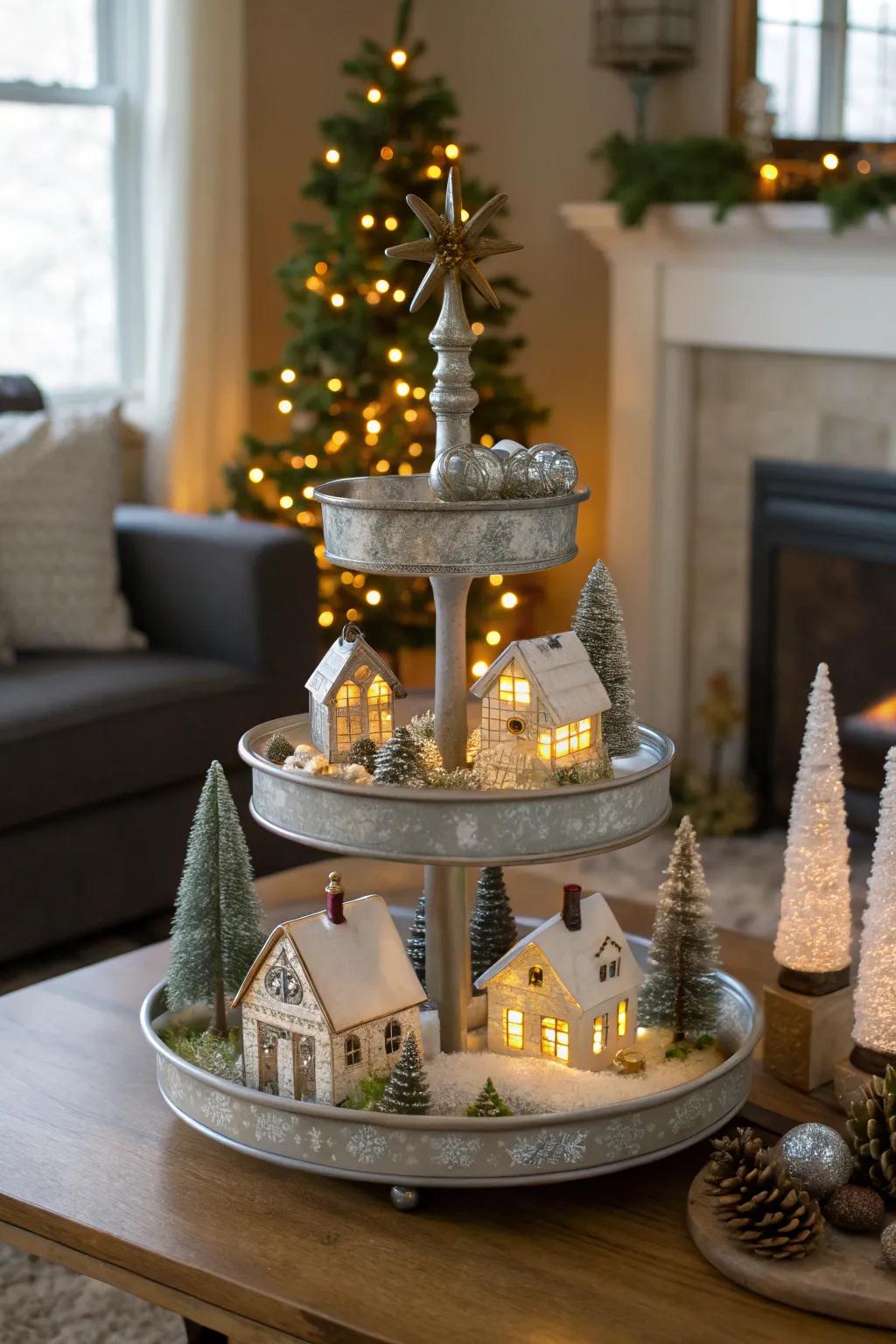 A quaint miniature Christmas scene showcased on a tiered stand.