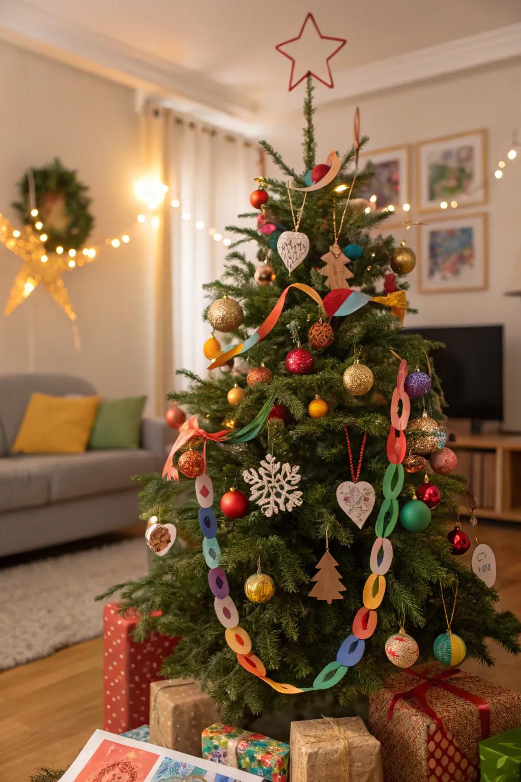 A Christmas tree filled with crafts created by children.
