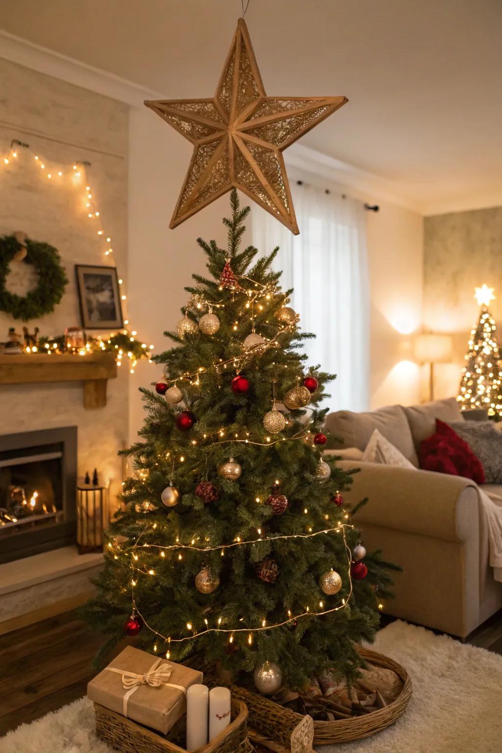 A timber star contributes countryside charm to a festive Christmas tree.