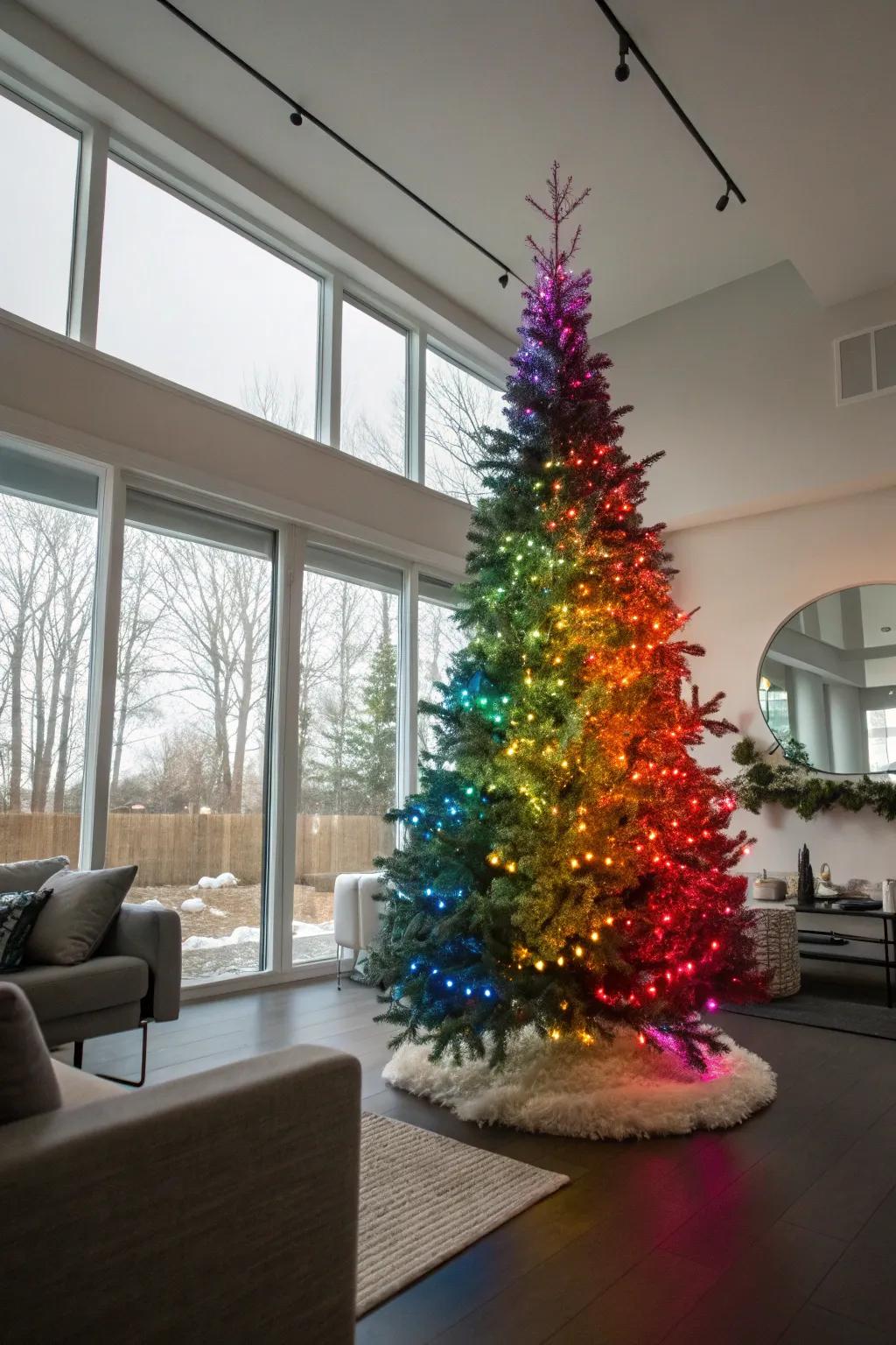 A stunning Christmas tree showcasing a rainbow gradient of colored lights, creating a vibrant focal point.