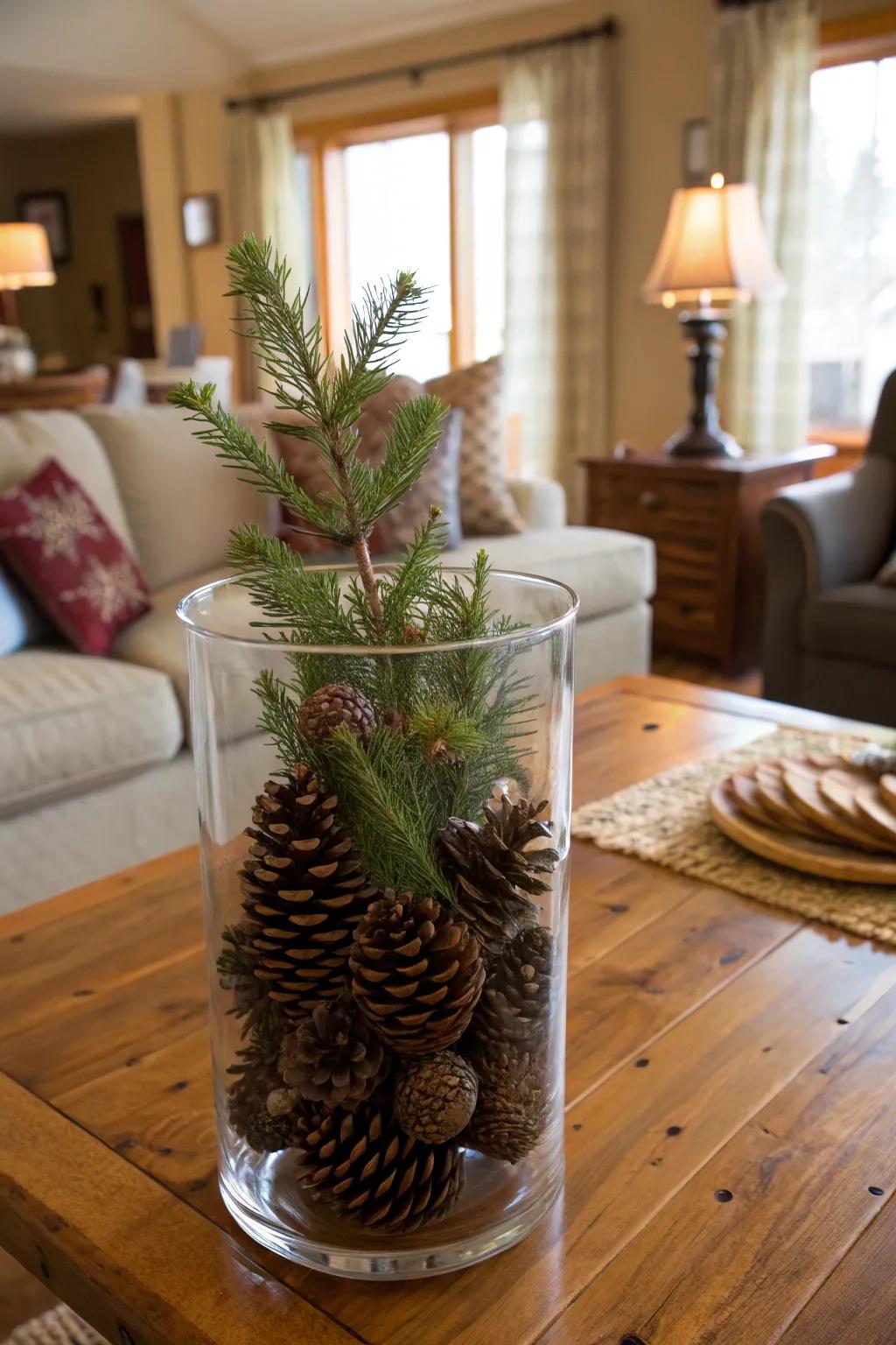 Welcome the great outdoors with a cone cone and evergreen display.