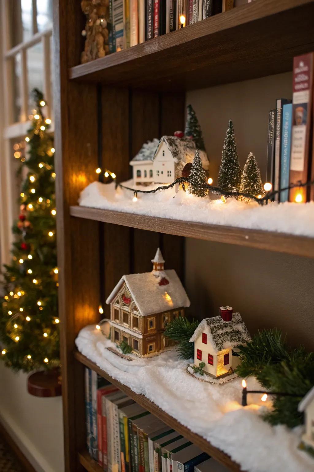 A bookshelf transforms into a magical multi-level Christmas village.