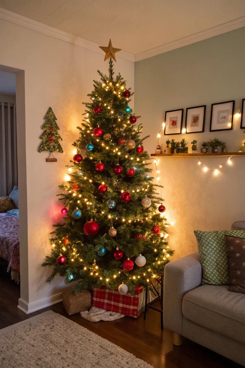 A creative wall-mounted Christmas tree with lights and ornaments.