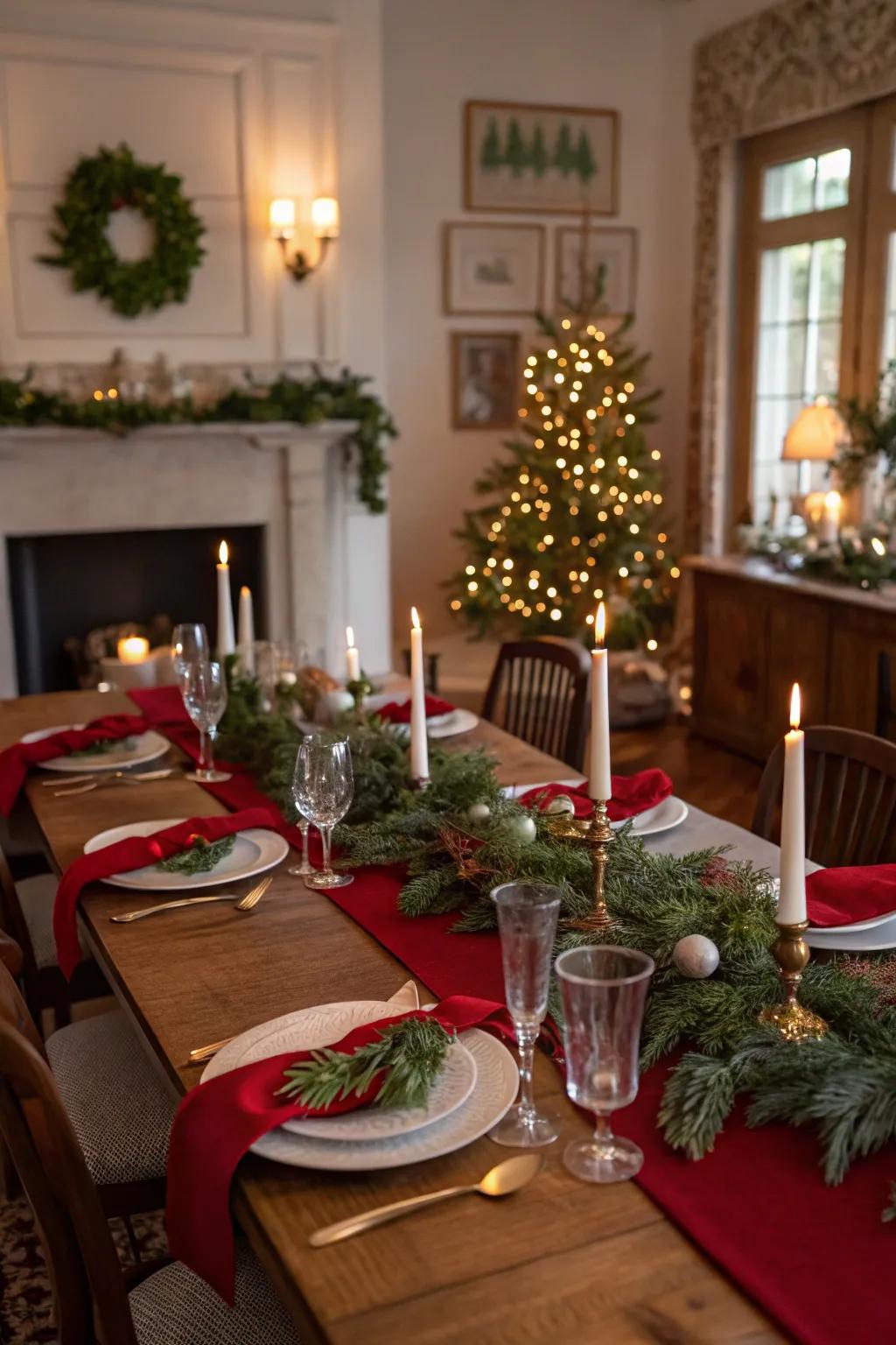 Classic crimson and verdant beauty creates a charming festive ambiance.