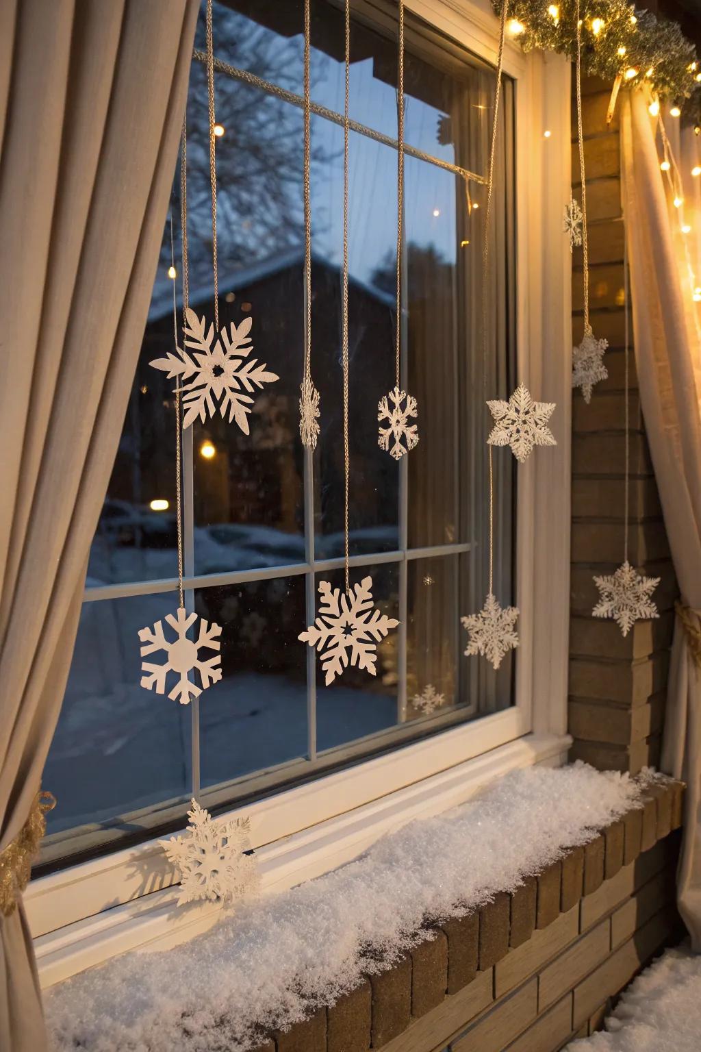 A pane changed into a snowy wonderland using hanging ice pieces.