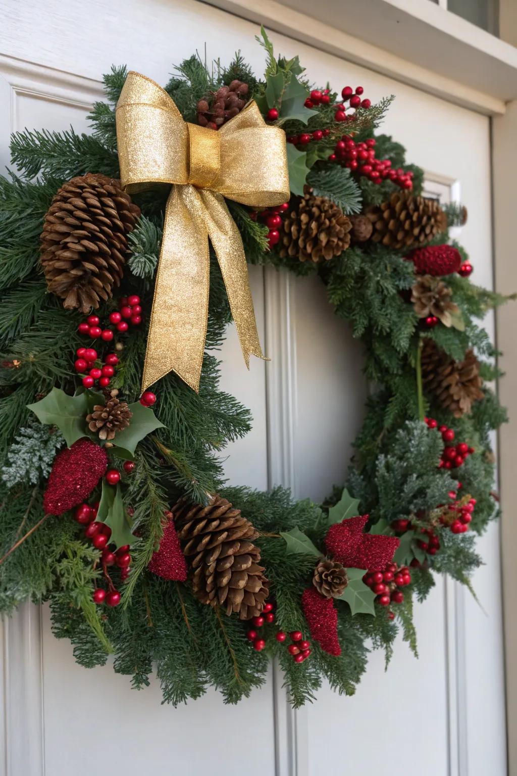 A classic Christmas wreath in red and green, adorned with holly and a golden bow.