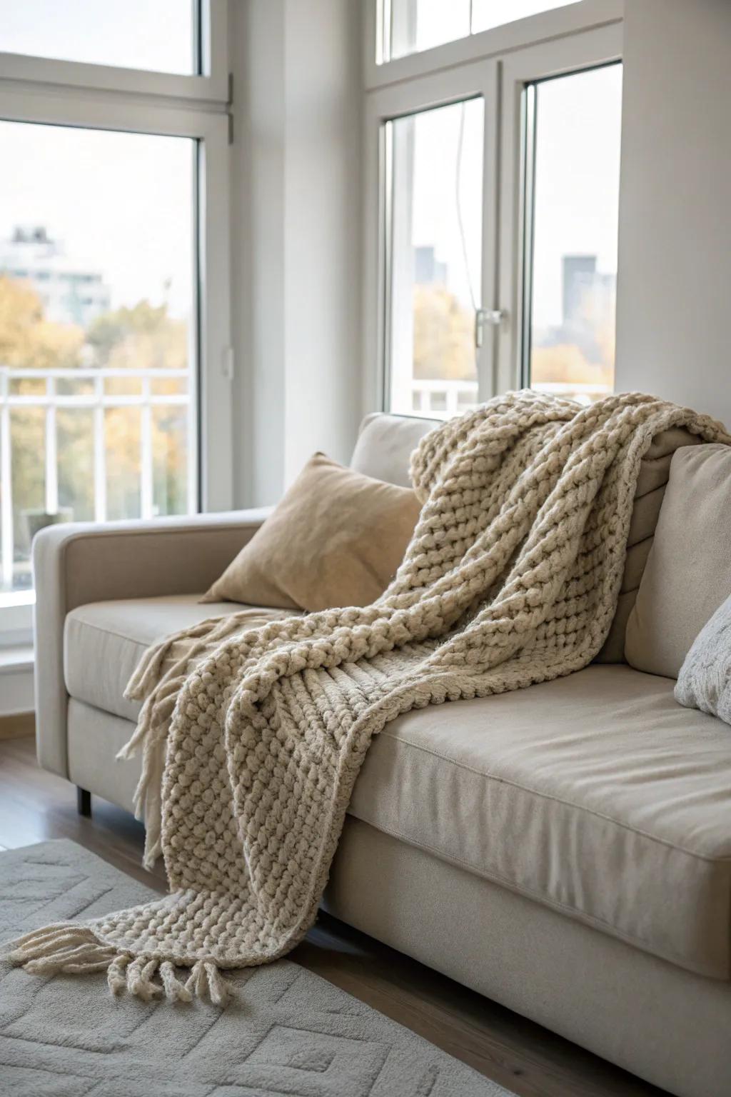 Timeless neutral tones for a substantial blanket.