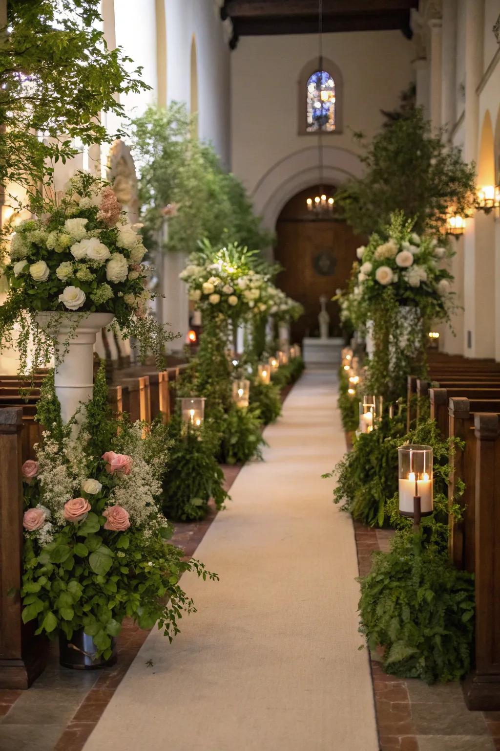 A church aisle beautifully adorned with elegant floral arrangements and verdant foliage.