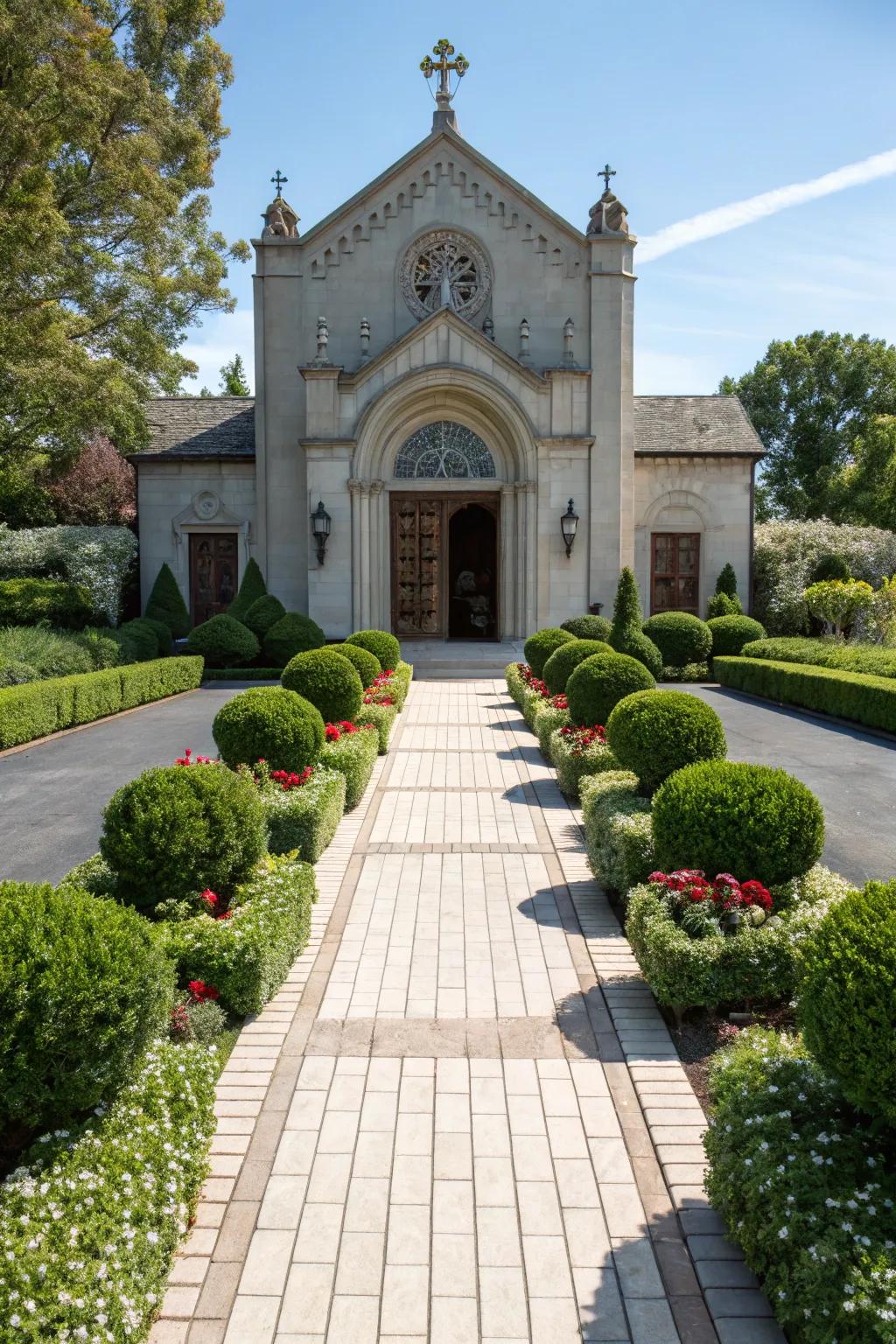 Symmetrical greenery introduces balance and beauty to church entrances.