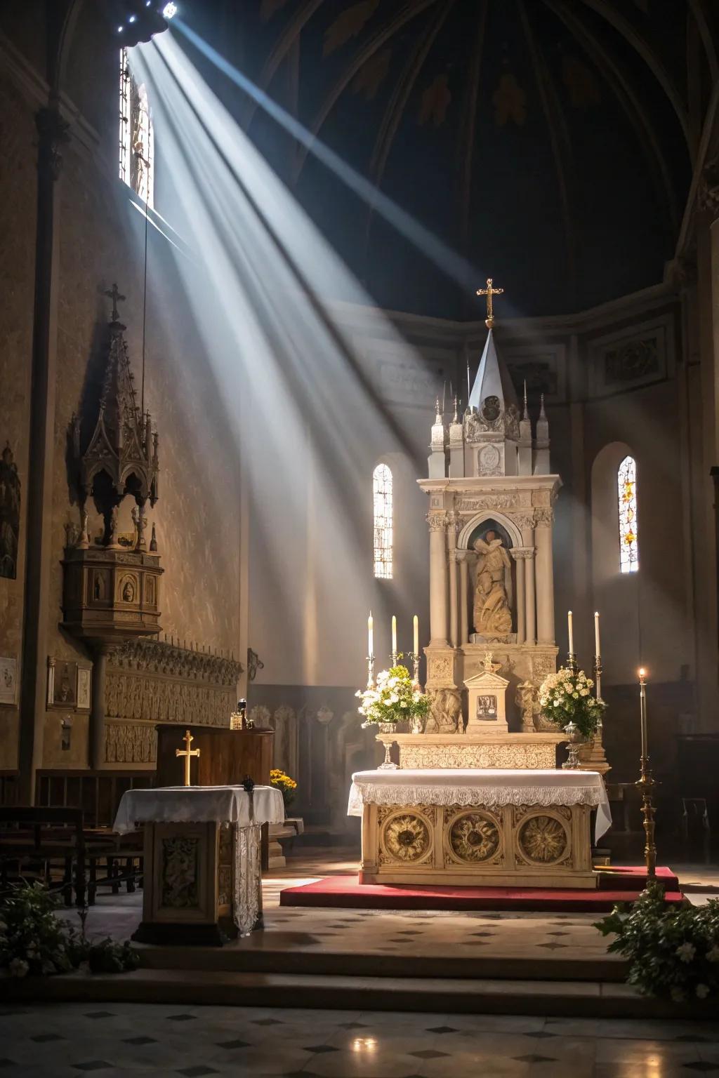 Dramatic spotlighting draws the eye to the church altar.