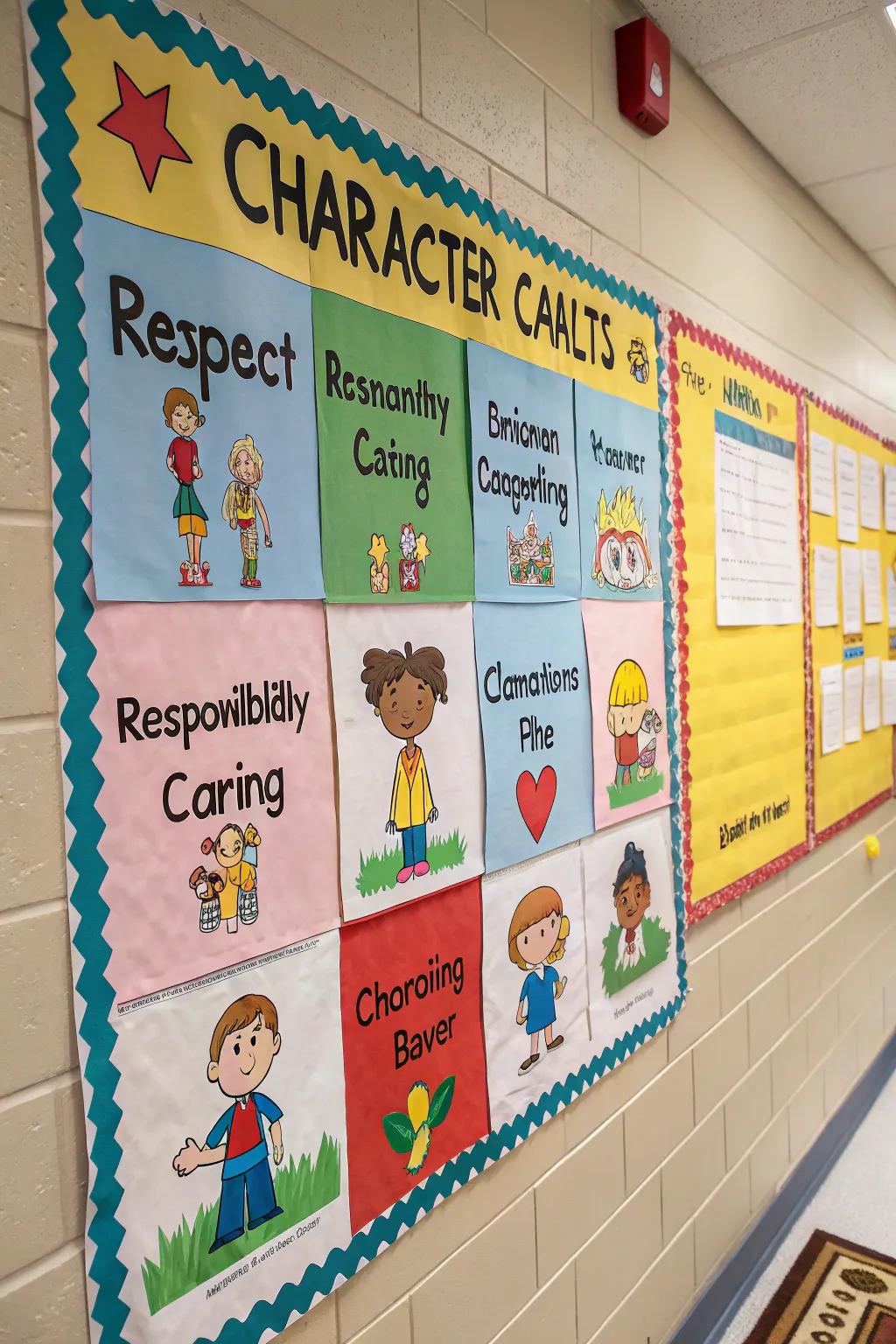 Character qualities such as respect and kindness showcased on a bulletin board.