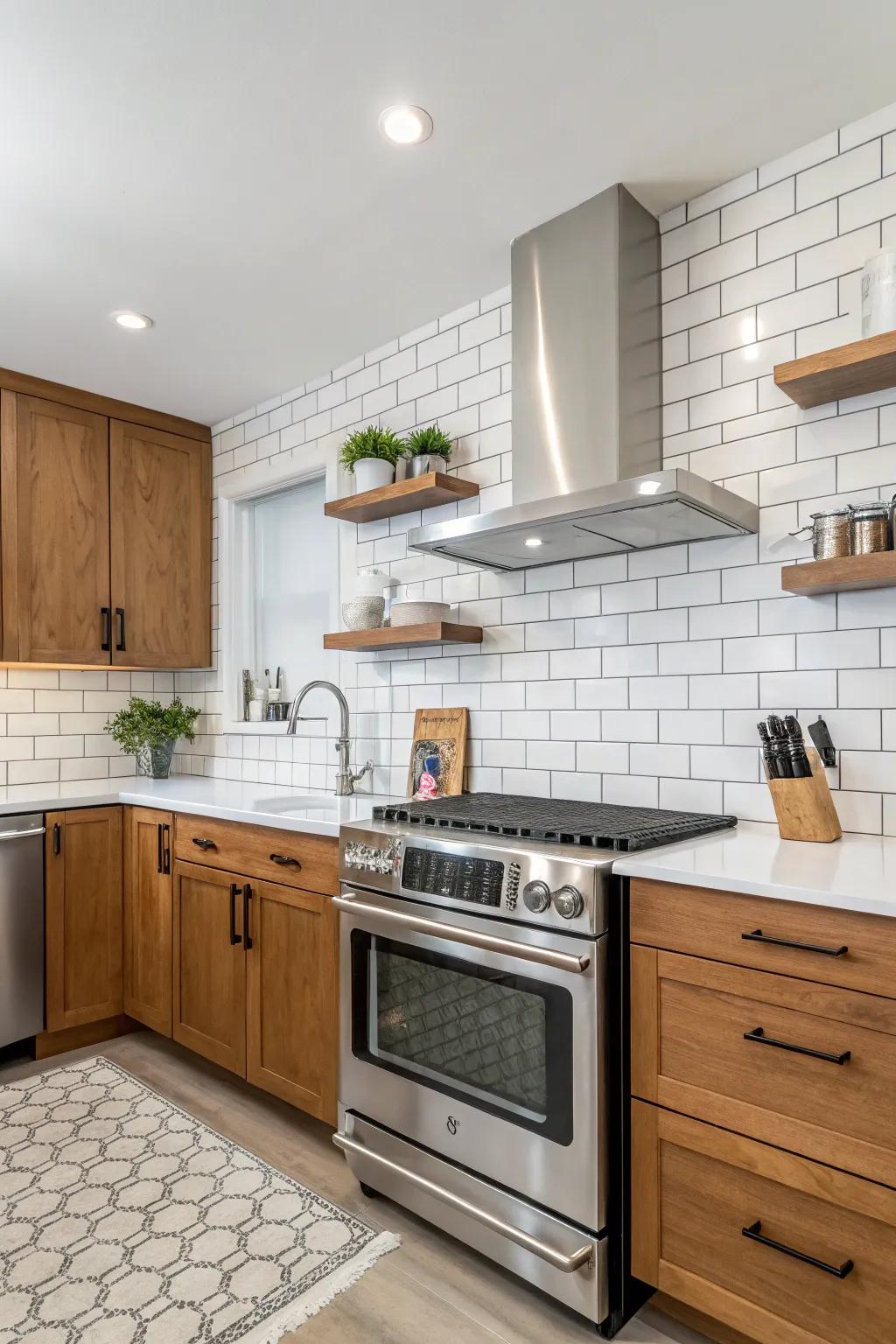 A classic kitchen showcasing an ageless white tile rectangle backsplash.