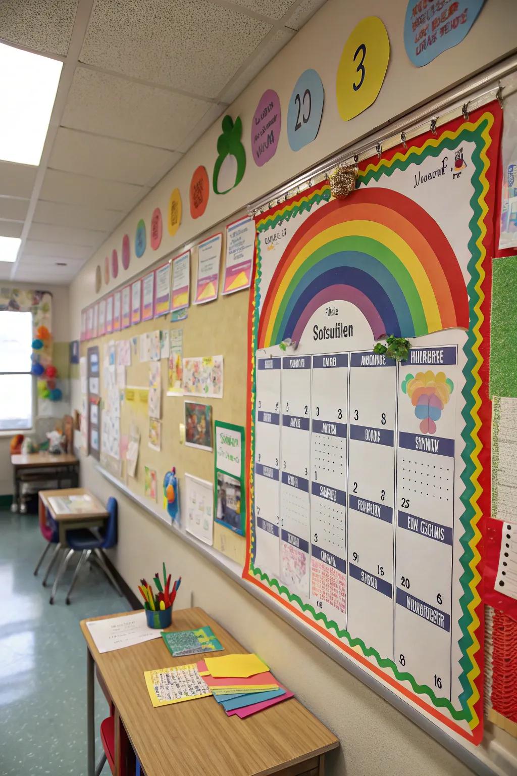 A calendar bulletin board with a rainbow theme that adds a burst of color to any classroom.
