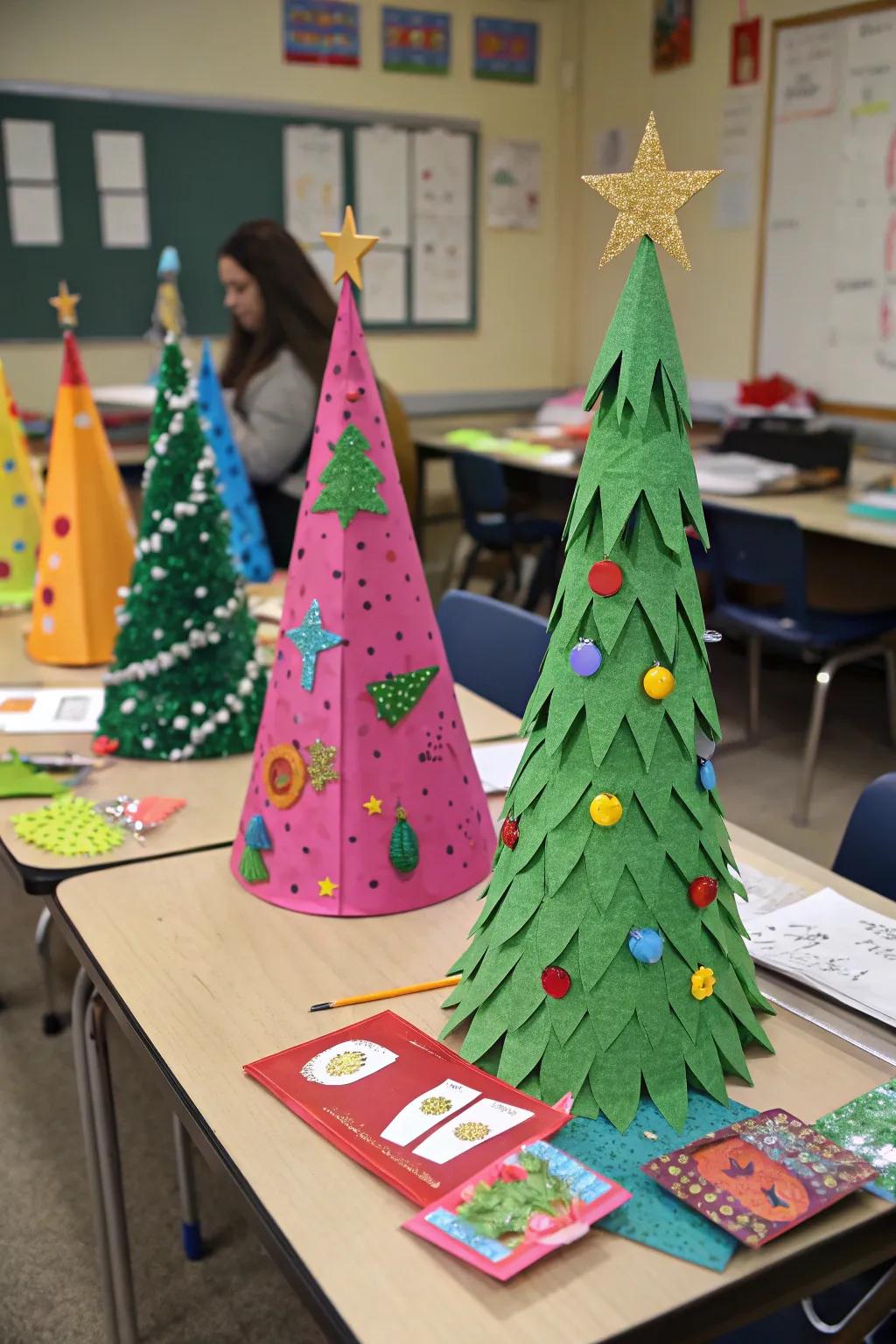 DIY paper Yule trees ornamented by students