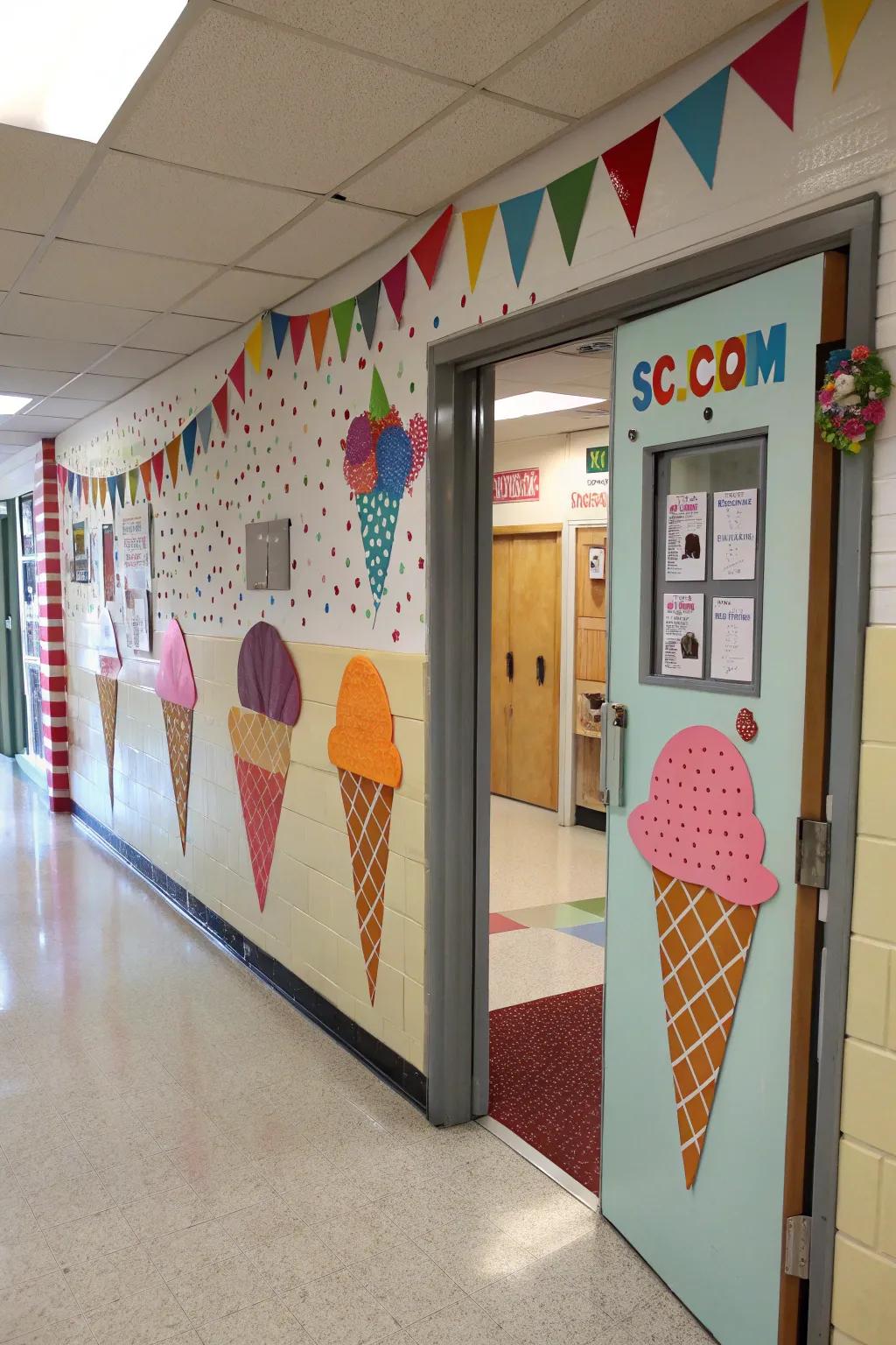 Classroom door designed as a frozen treat stand with delightful, colorful sweets.