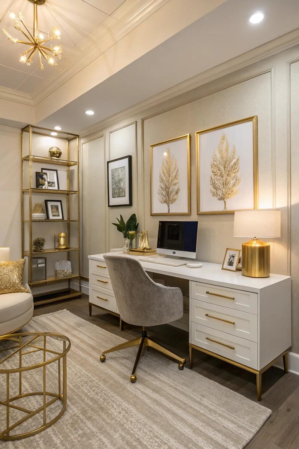 A neutral color scheme punctuated with touches of gold enriches the sophistication of an executive office.