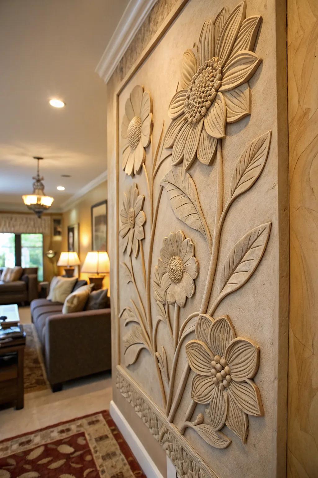 A dynamic floral clay relief sculpture, bringing a touch of nature indoors.