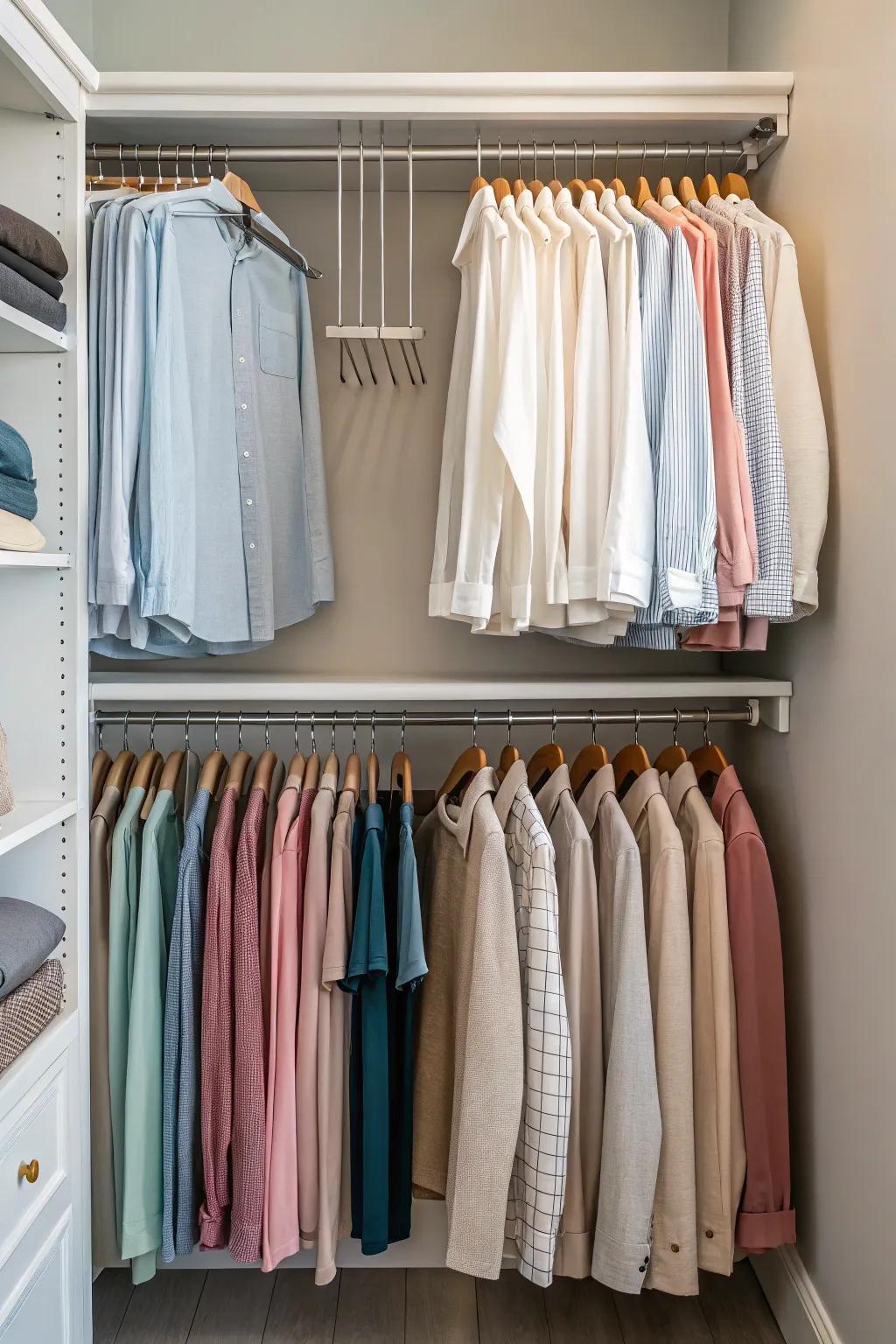 Double rails skillfully utilize vertical space in the wardrobe.