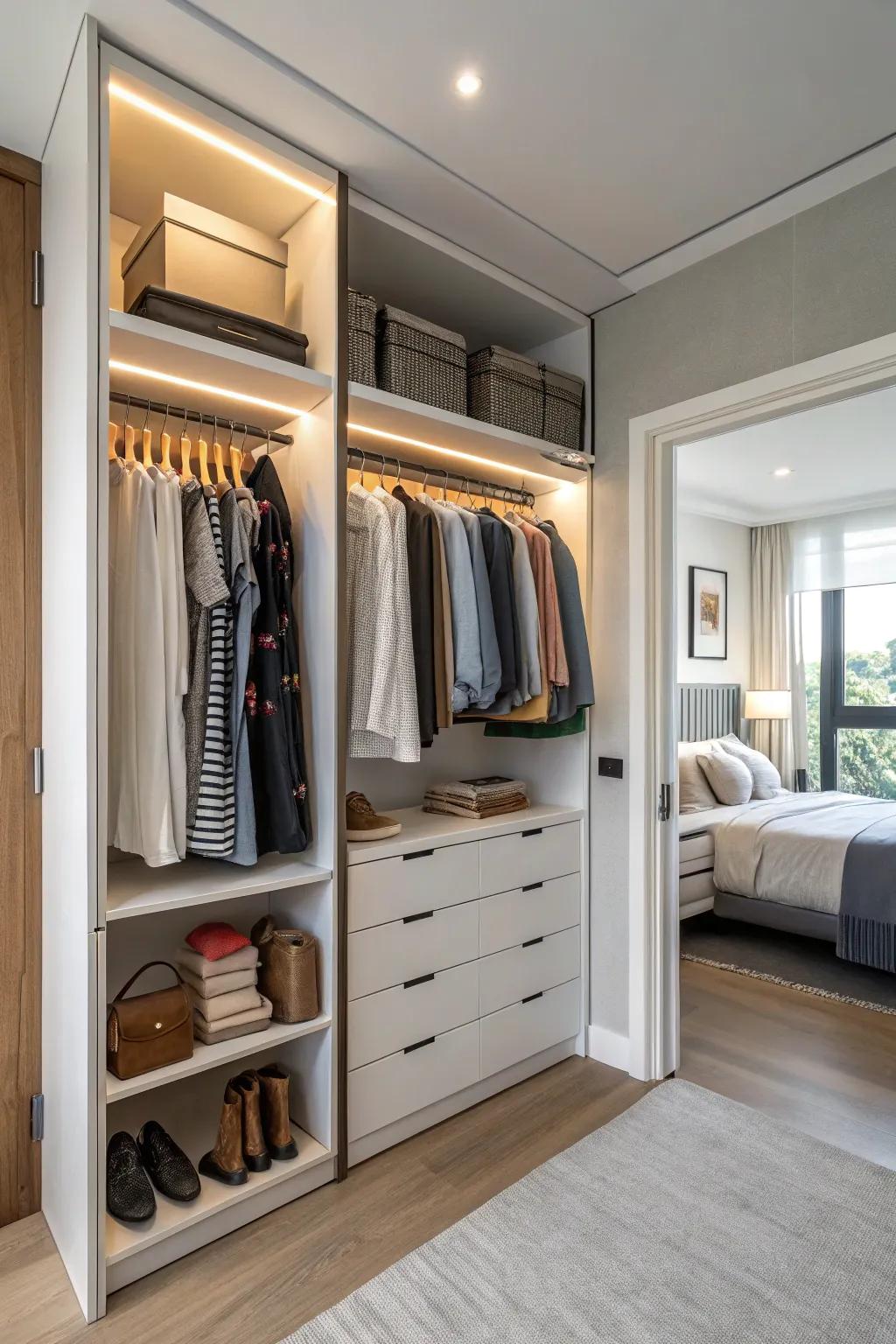 Visible shelving gives your closet a showcase-like feel.