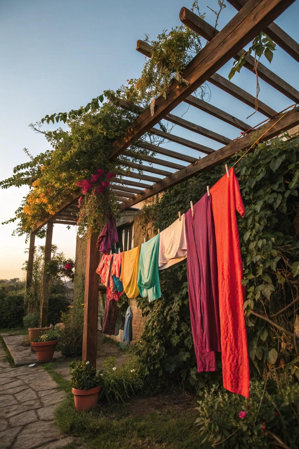 A timber frame clothesline creates a nice mix of function and nature.