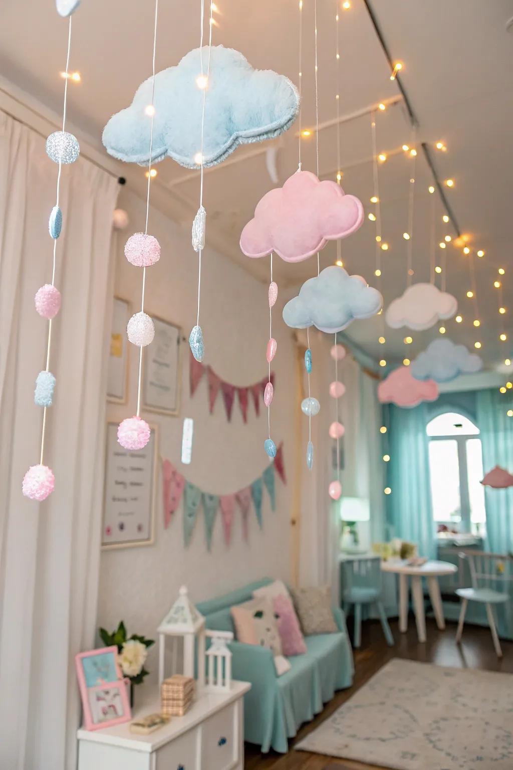 A room is magically converted into a dreamy skyscape with a wispy cloud garland, creating an otherworldly setting.