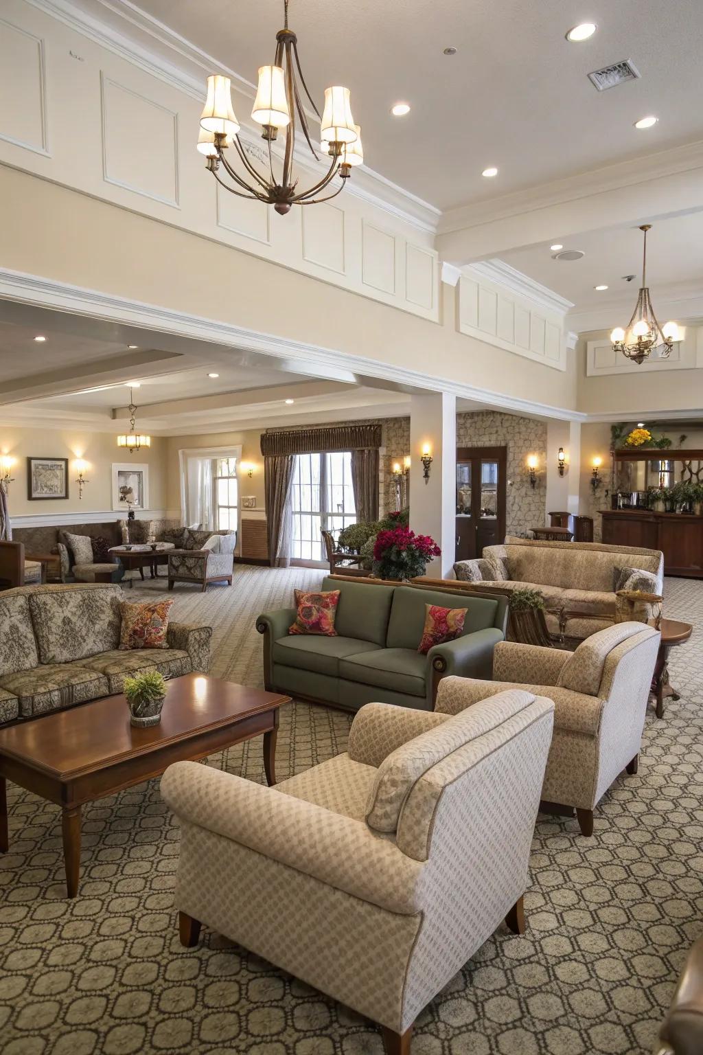 Expansive layouts featuring diverse seating options in a clubhouse.