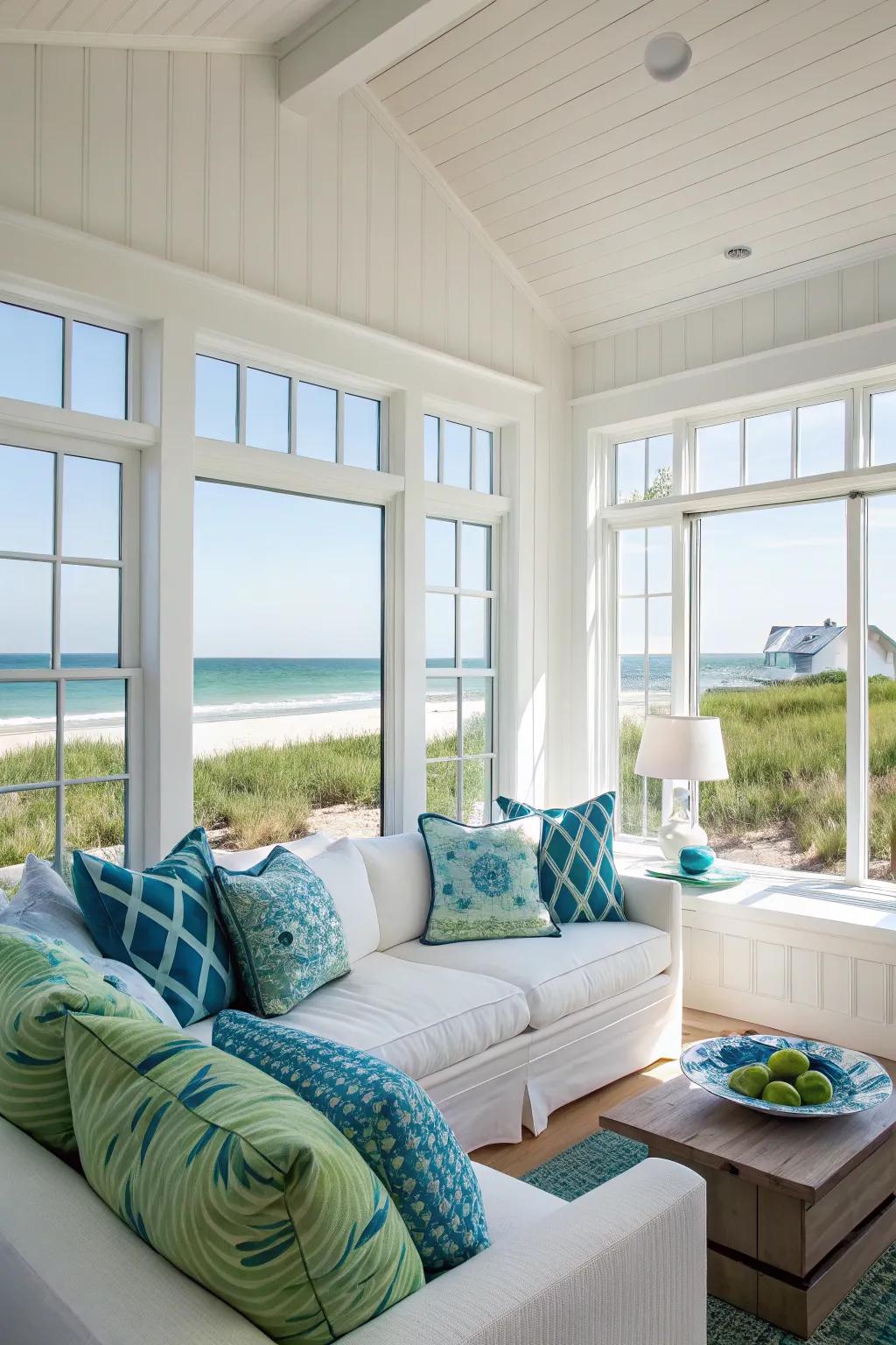 A bright and breezy living area showcasing a gentle coastal color scheme.