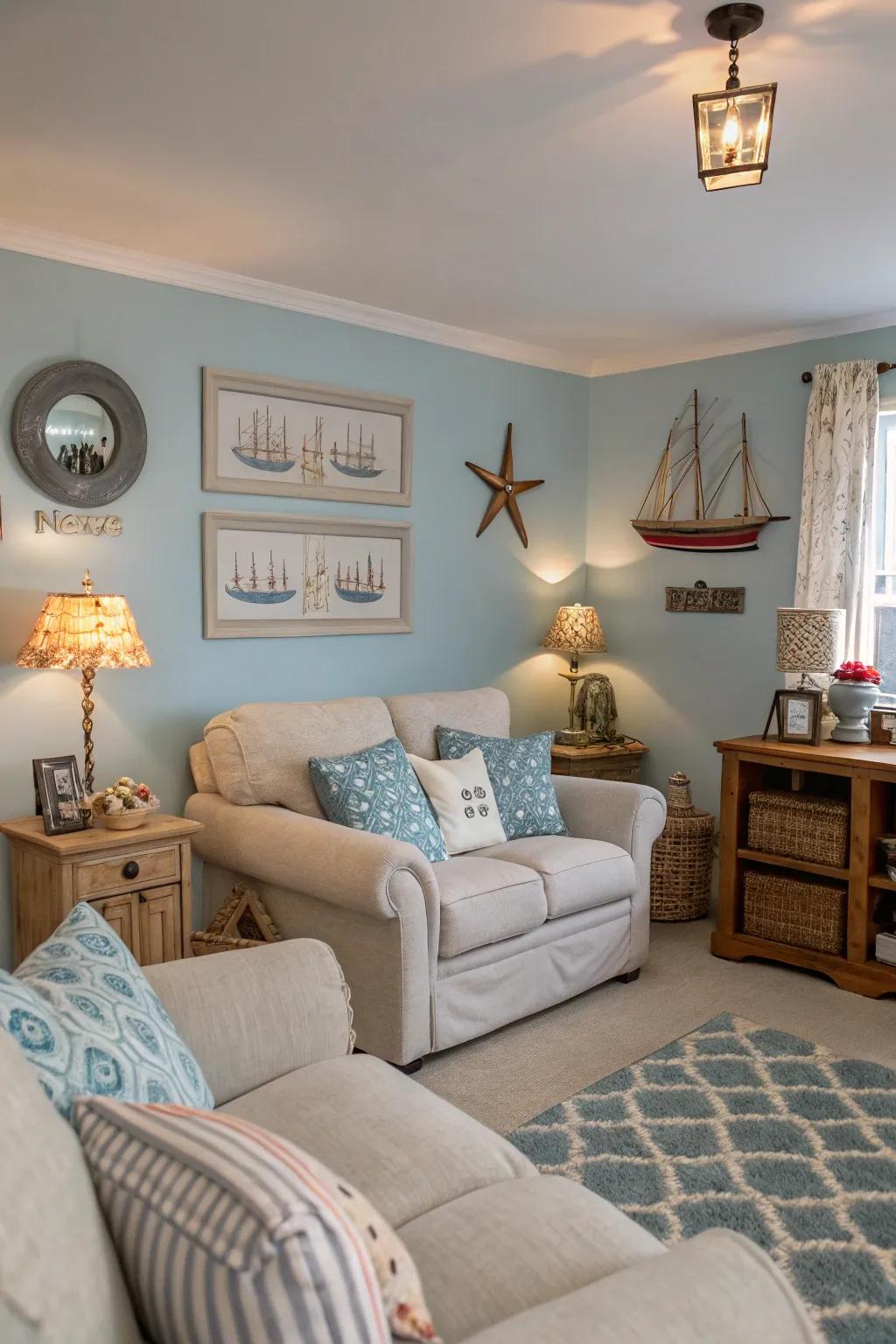 A living area showcased with a peaceful blue palette.