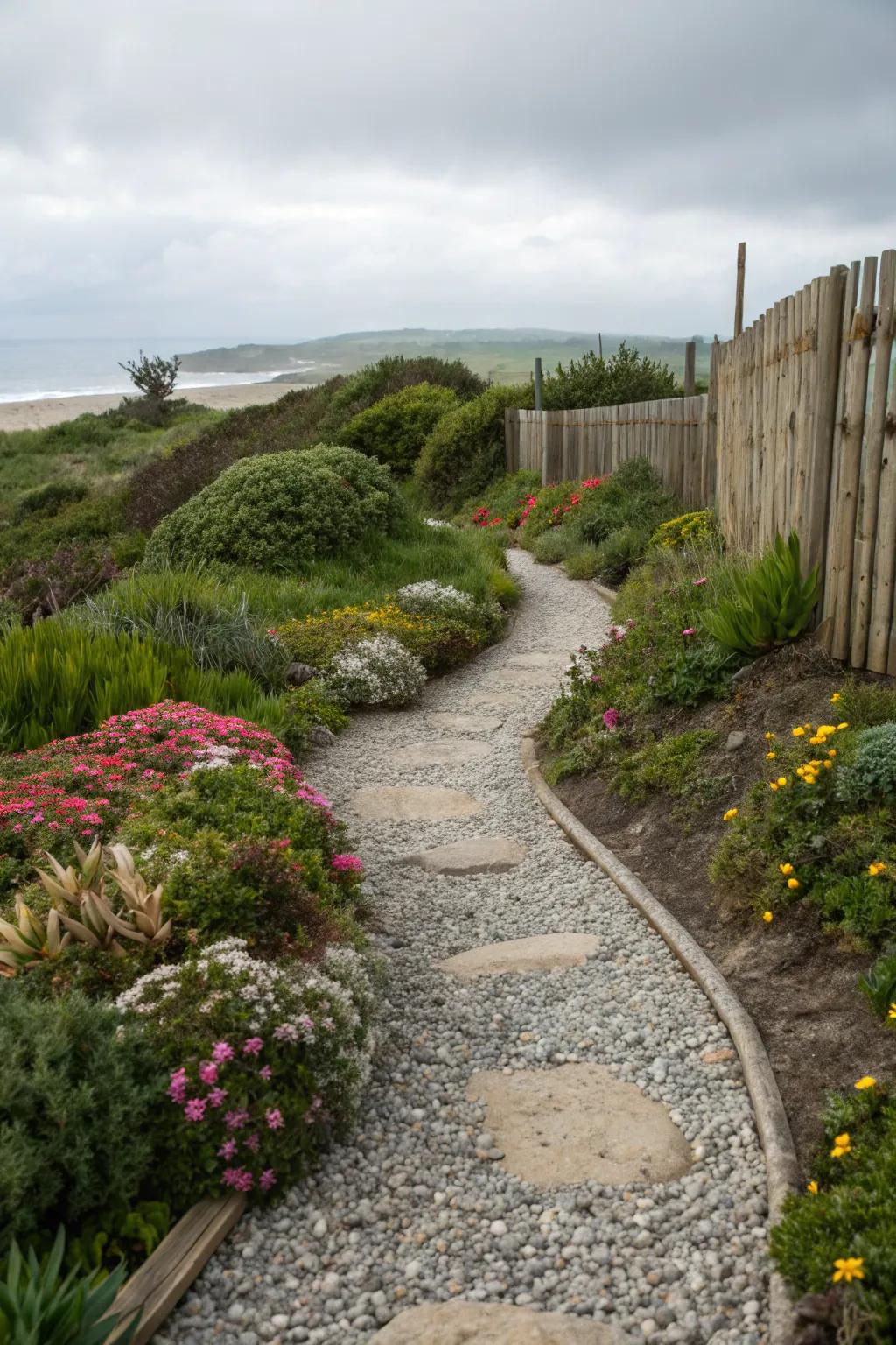 Gravel and stone pathways introduce texture and charm to coastal gardens.