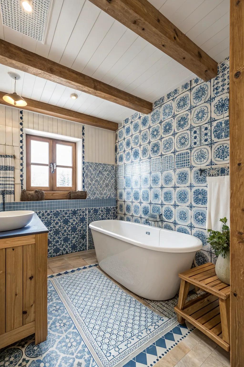 Embrace the quintessential coastal aesthetic with a palette of blue and white tiles.