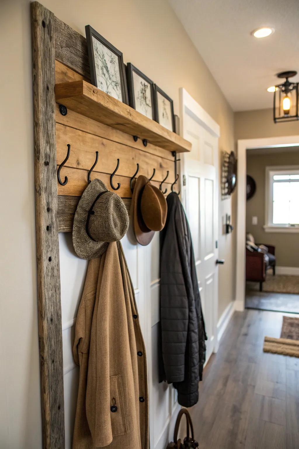 A homespun coat rack sculpted from reclaimed barn planks imparts persona and coziness to any foyer.