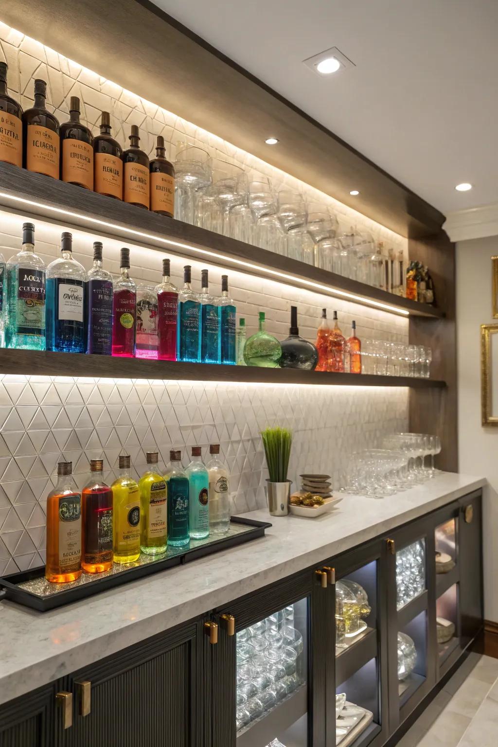 Floating shelves convert wall areas into chic display spaces.