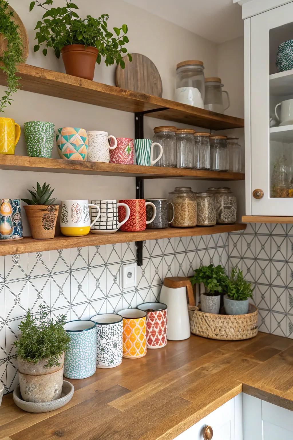 Visible shelving exhibiting coffee must-haves.
